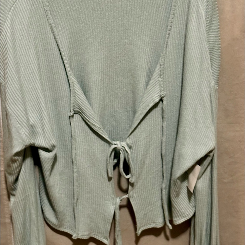 Light Green Ribbed Tie-Front Cardigan